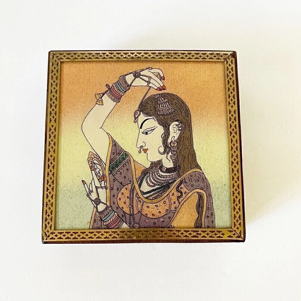 Indian Art Gemstone Painting Indian Wooden Jewelry Box Bani Thani Handcrafted